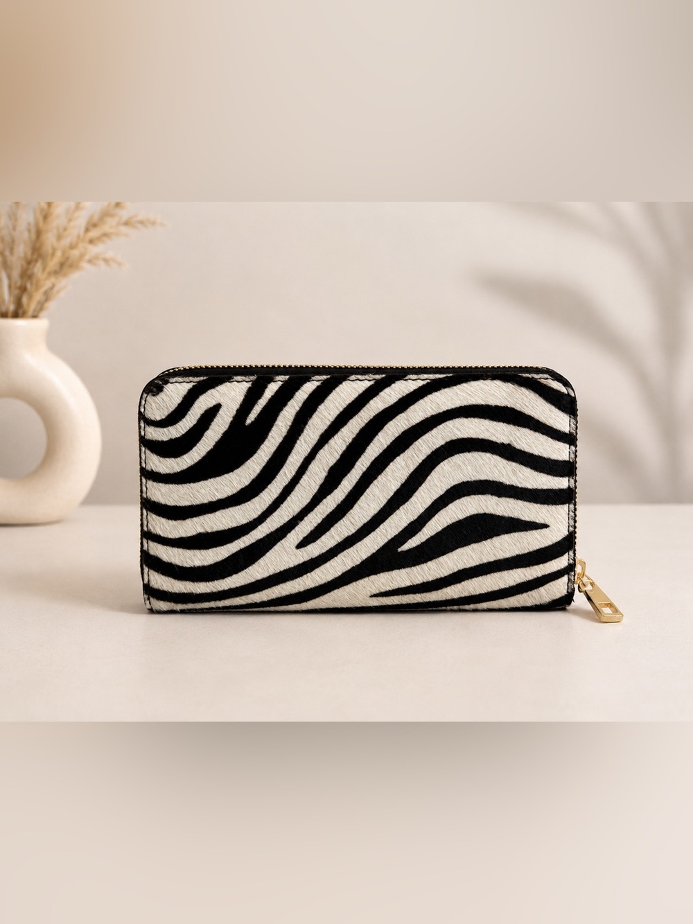 Zebra-Pattern Zip Wallet Black & White